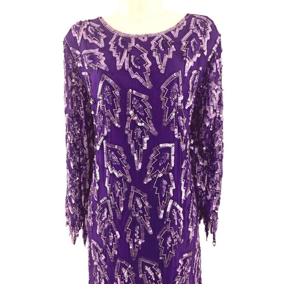 Carina Vintage Sequin Embellished Asymmetrical Silk Dress Size L Formal Event - Picture 2 of 9
